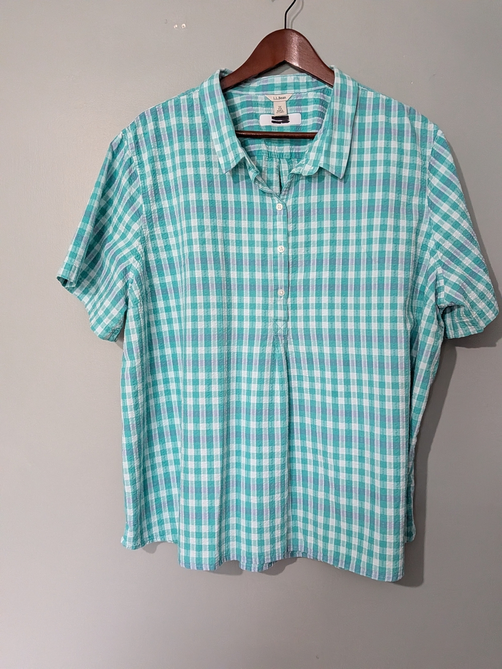 L.L.Bean Women's Vacationland Seersucker Popover Shirt Short-sleeve Teal Purple